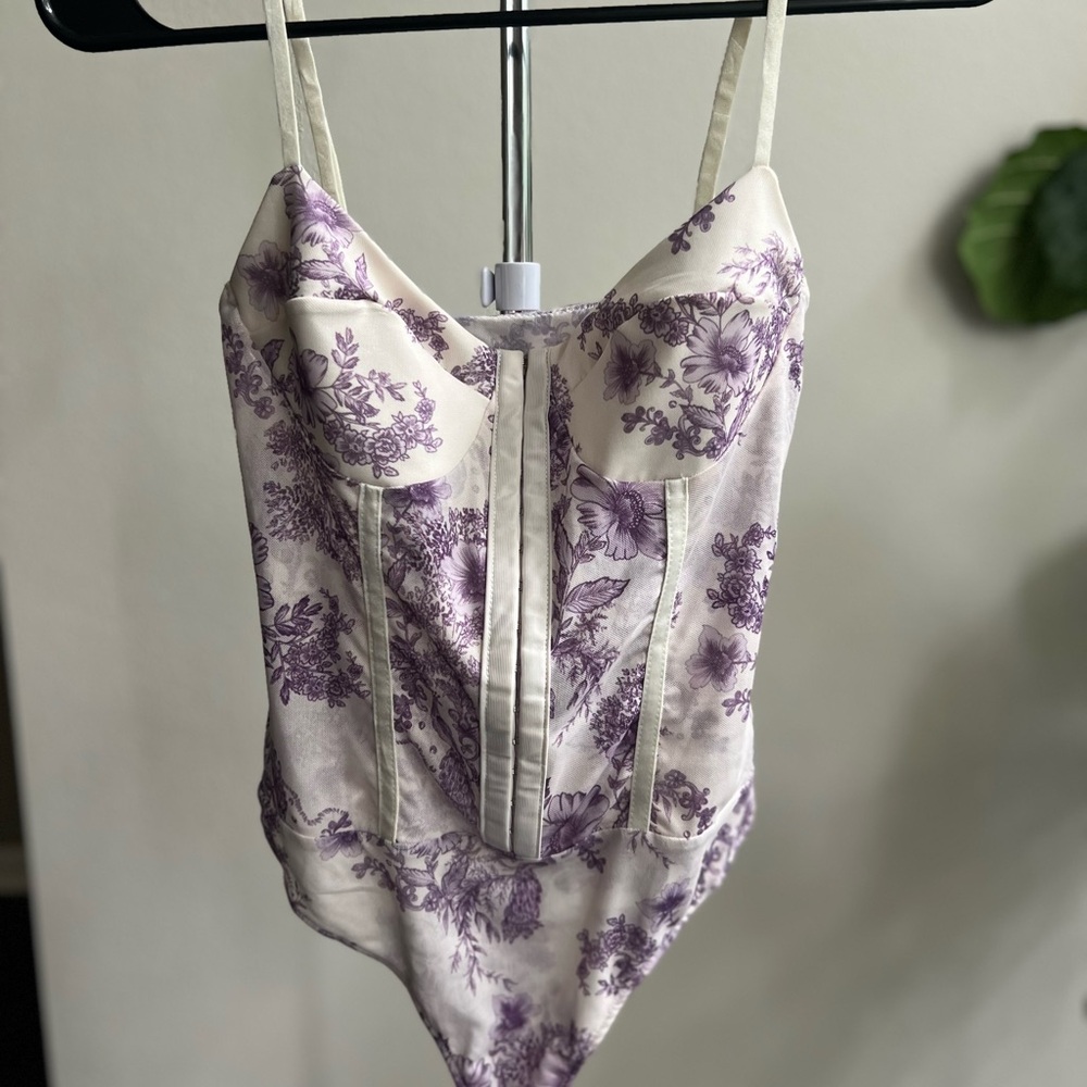 Free People Cream and Purple Floral Bodysuit